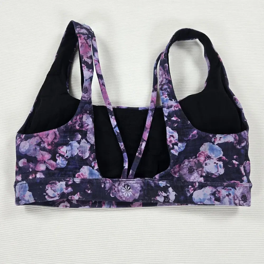 Athleta Exhale Printed Purple Strappy Floral Sports Bra Women's Size‎ Small